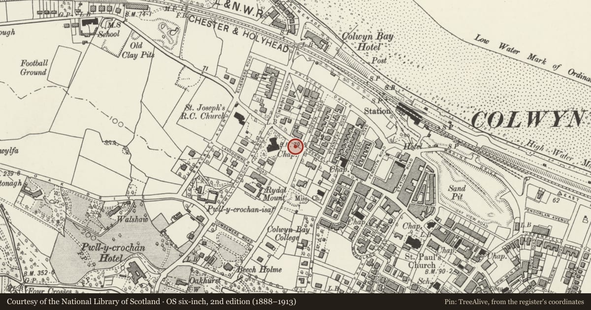 Ordnance Survey six-inch map, 2nd edition (1888–1913) covering the location of War Memorial, Colwyn Bay, Conwy, with a pin at the register's coordinates