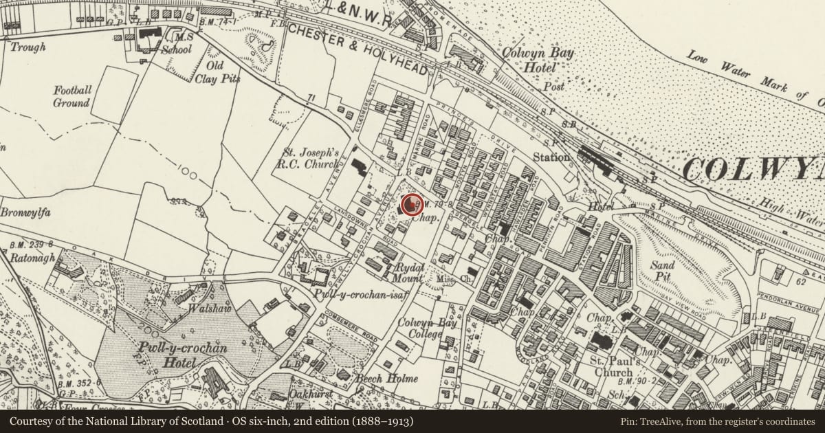 Ordnance Survey six-inch map, 2nd edition (1888–1913) covering the location of Methodist Church of St John, with attached Hall and Former Sunday School, Colwyn Bay, Conwy, with a pin at the register's coordinates