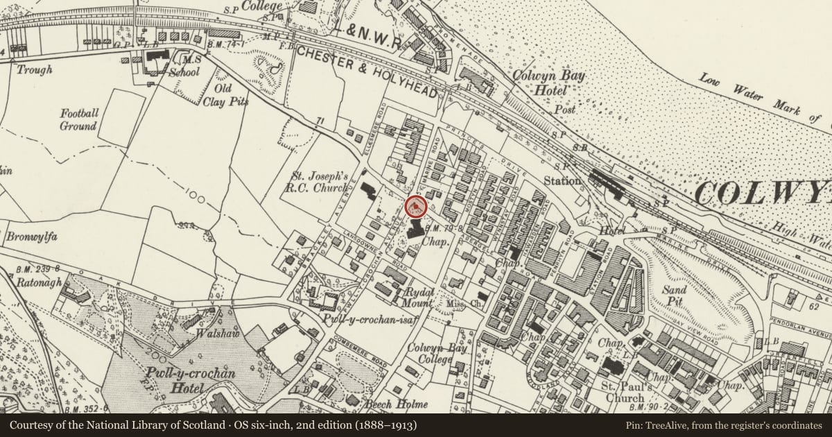 Ordnance Survey six-inch map, 2nd edition (1888–1913) covering the location of Lychgate and Boundary Wall to St John's Churchyard, Colwyn Bay, Conwy, with a pin at the register's coordinates