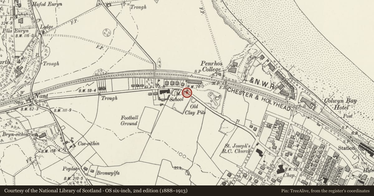 Ordnance Survey six-inch map, 2nd edition (1888–1913) covering the location of Milepost, Colwyn Bay, Conwy, with a pin at the register's coordinates