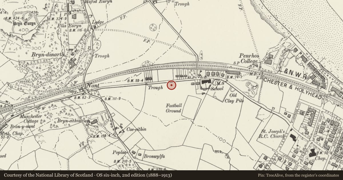 Ordnance Survey six-inch map, 2nd edition (1888–1913) covering the location of 151 Conway Road, Colwyn Bay, Conwy, with a pin at the register's coordinates