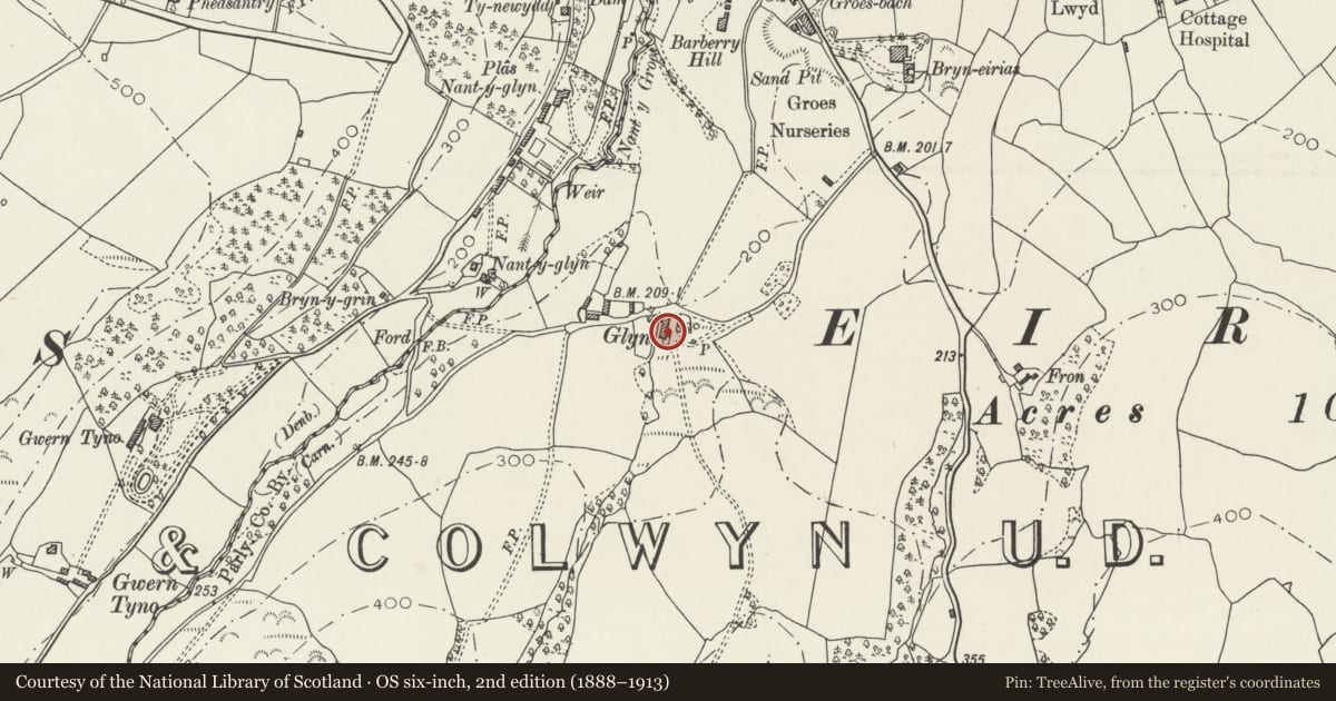Ordnance Survey six-inch map, 2nd edition (1888–1913) covering the location of Outbuildings attached to Glyn Farmhouse, Colwyn Bay, Conwy, with a pin at the register's coordinates