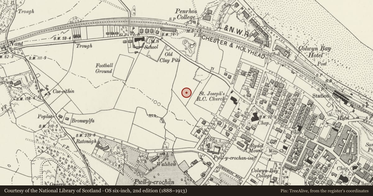 Ordnance Survey six-inch map, 2nd edition (1888–1913) covering the location of Wren's Nest, Colwyn Bay, Conwy, with a pin at the register's coordinates