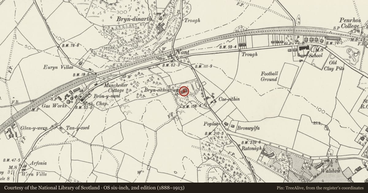 Ordnance Survey six-inch map, 2nd edition (1888–1913) covering the location of Bryn Eithin, Colwyn Bay, Conwy, with a pin at the register's coordinates