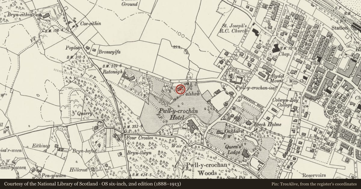 Ordnance Survey six-inch map, 2nd edition (1888–1913) covering the location of Walshaw, Colwyn Bay, Conwy, with a pin at the register's coordinates