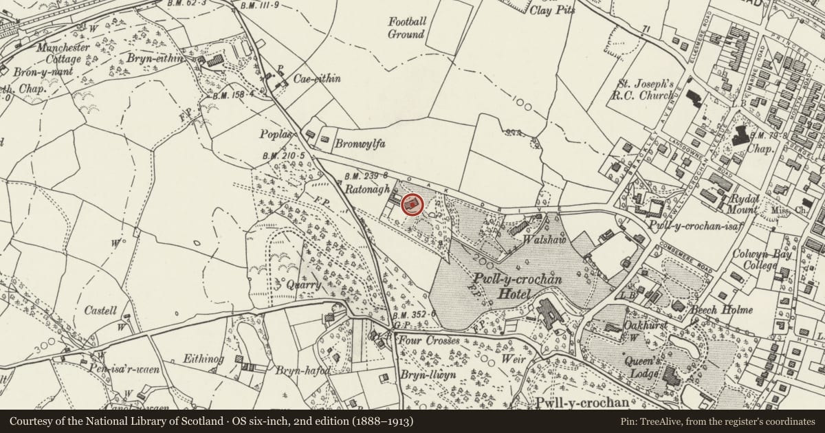 Ordnance Survey six-inch map, 2nd edition (1888–1913) covering the location of Penrhos College Junior School (Ratonagh), Colwyn Bay, Conwy, with a pin at the register's coordinates