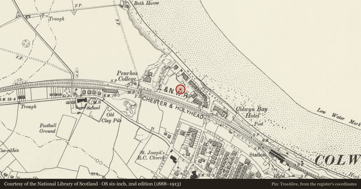 Ordnance Survey six-inch map, 2nd edition (1888–1913) covering the location of Ridge Cottage, Llandrillo-yn-Rhos/Rhos-on-Sea, Conwy, with a pin at the register's coordinates