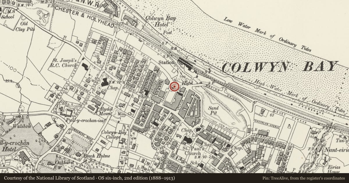 Ordnance Survey six-inch map, 2nd edition (1888–1913) covering the location of 30 Penrhyn Buildings, Colwyn Bay, Conwy, with a pin at the register's coordinates