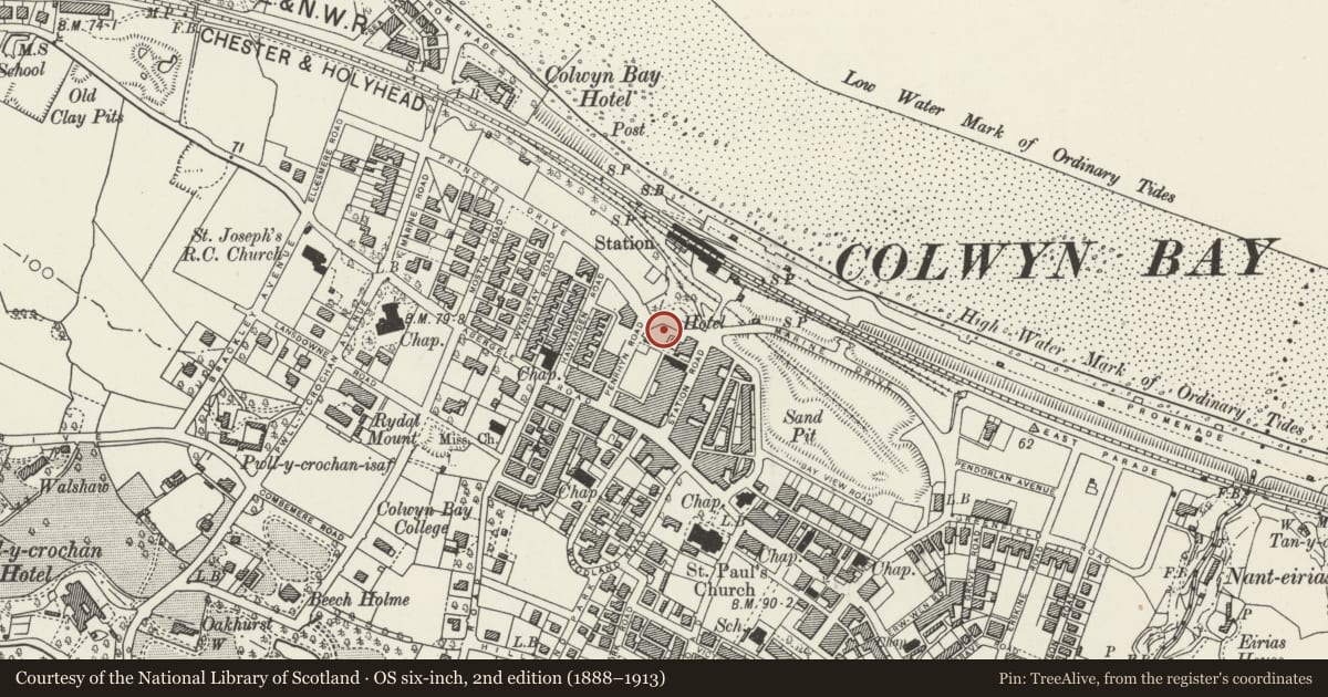 Ordnance Survey six-inch map, 2nd edition (1888–1913) covering the location of 34 Penrhyn Buildings, Colwyn Bay, Conwy, with a pin at the register's coordinates