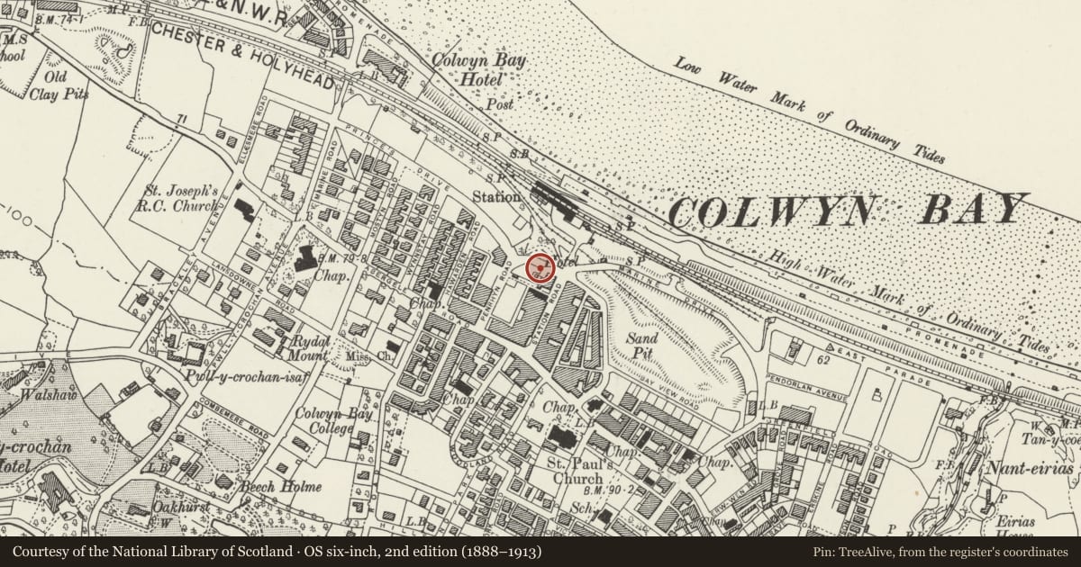 Ordnance Survey six-inch map, 2nd edition (1888–1913) covering the location of 1 Penrhyn Buildings, Colwyn Bay, Conwy, with a pin at the register's coordinates