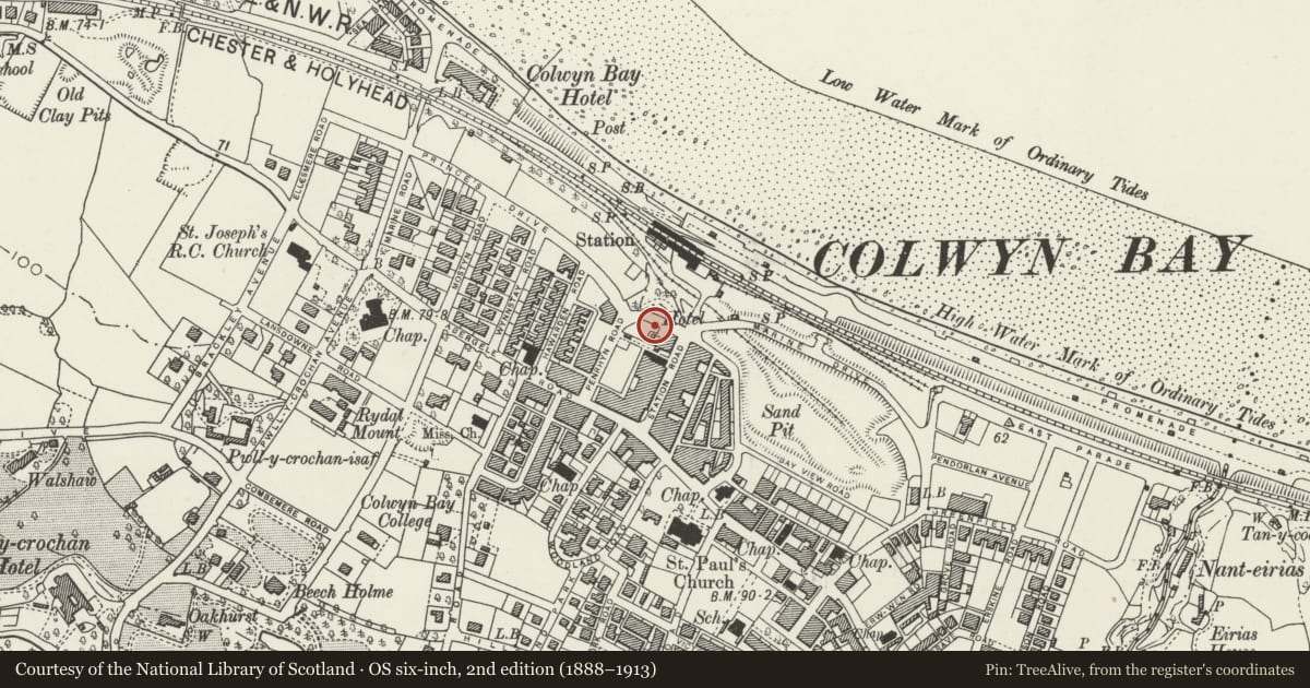 Ordnance Survey six-inch map, 2nd edition (1888–1913) covering the location of 3 Penrhyn Buildings, Colwyn Bay, Conwy, with a pin at the register's coordinates