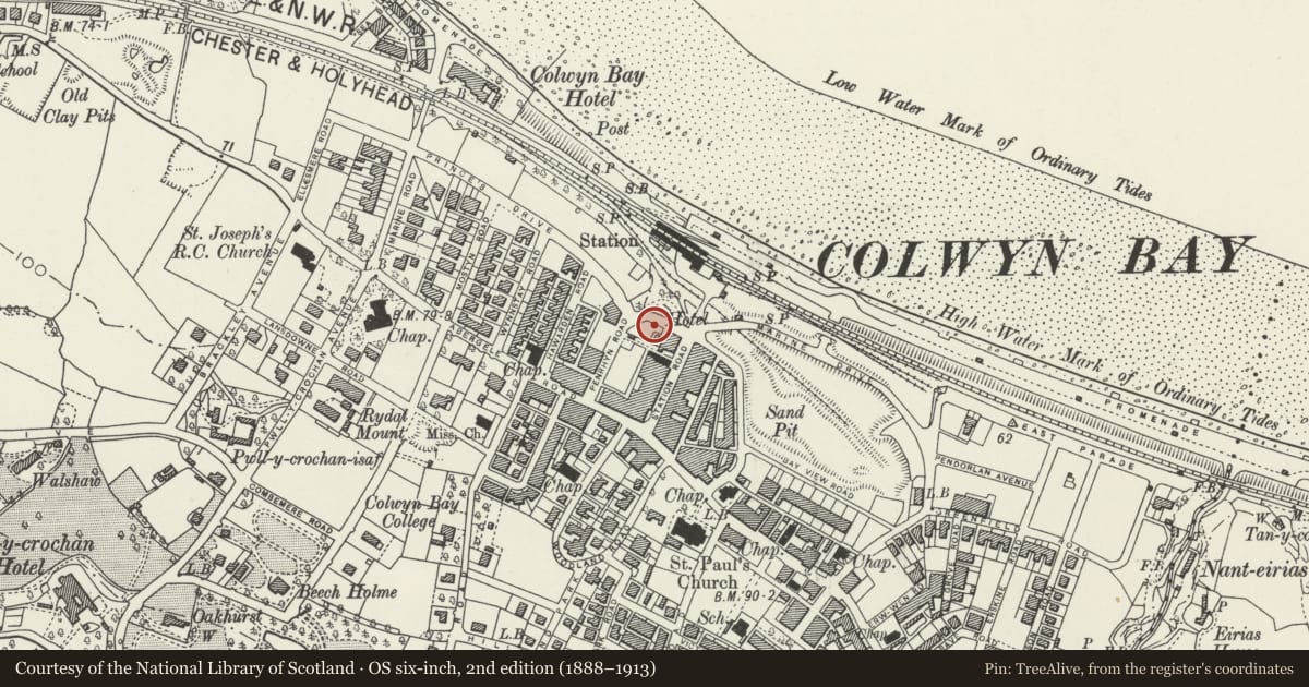 Ordnance Survey six-inch map, 2nd edition (1888–1913) covering the location of 5 Penrhyn Buildings, Colwyn Bay, Conwy, with a pin at the register's coordinates