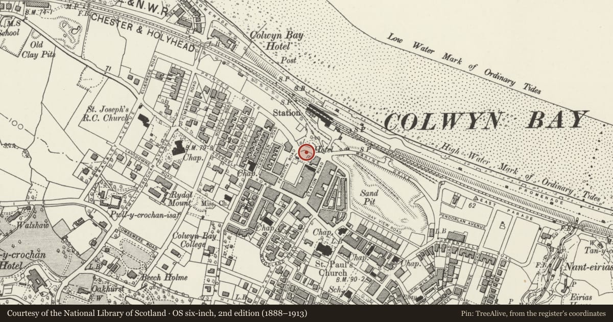 Ordnance Survey six-inch map, 2nd edition (1888–1913) covering the location of 7 Penrhyn Buildings, Colwyn Bay, Conwy, with a pin at the register's coordinates