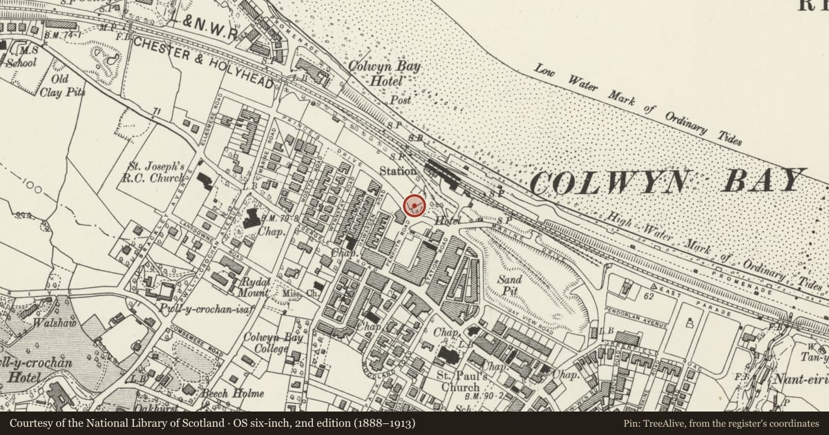 Ordnance Survey six-inch map, 2nd edition (1888–1913) covering the location of 20 Princess Bingo and Social Club, Colwyn Bay, Conwy, with a pin at the register's coordinates