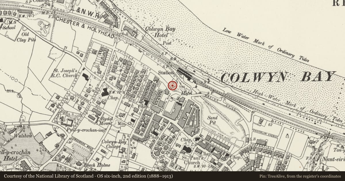 Ordnance Survey six-inch map, 2nd edition (1888–1913) covering the location of 22 Princess Bingo and Social Club, Colwyn Bay, Conwy, with a pin at the register's coordinates