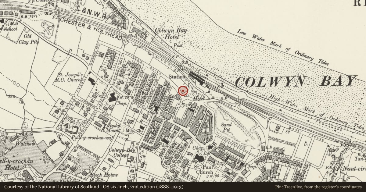 Ordnance Survey six-inch map, 2nd edition (1888–1913) covering the location of 24 Princess Bingo and Social Club, Colwyn Bay, Conwy, with a pin at the register's coordinates