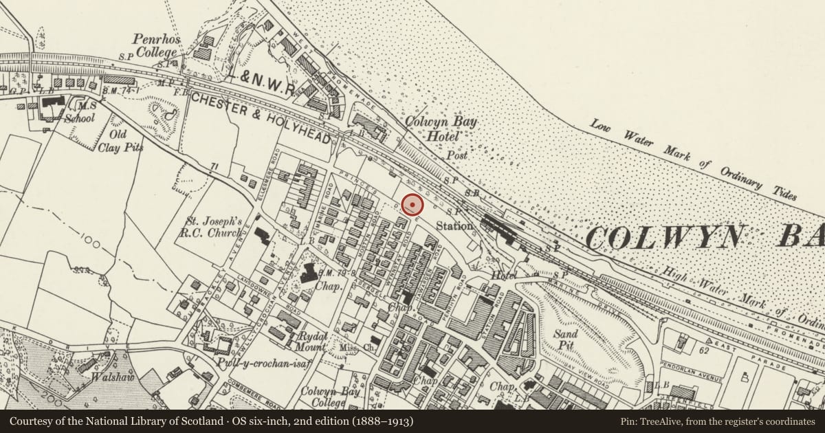 Ordnance Survey six-inch map, 2nd edition (1888–1913) covering the location of Head Post Office, Colwyn Bay, Conwy, with a pin at the register's coordinates