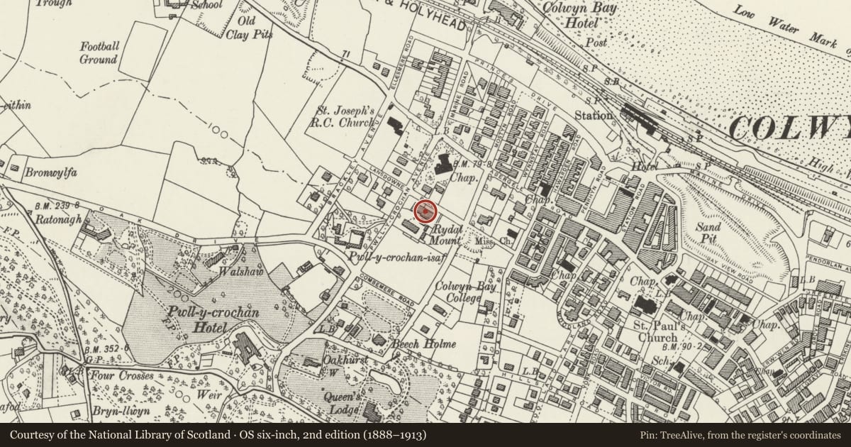 Ordnance Survey six-inch map, 2nd edition (1888–1913) covering the location of Old House, Rydal School, Colwyn Bay, Conwy, with a pin at the register's coordinates