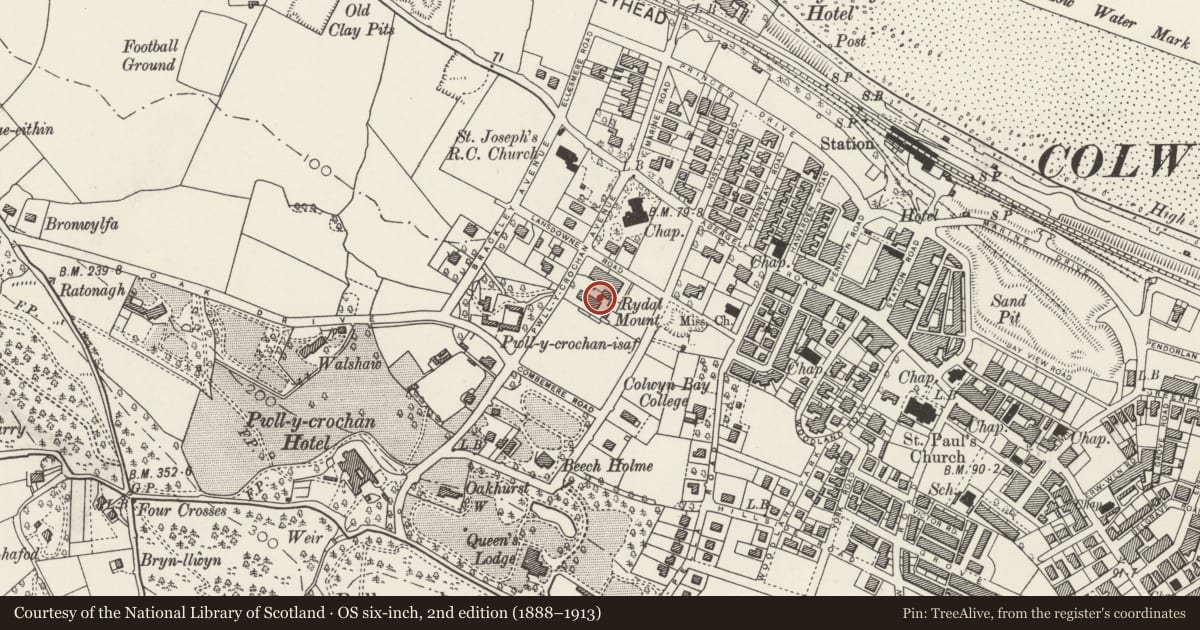 Ordnance Survey six-inch map, 2nd edition (1888–1913) covering the location of Dining Hall at Rydal School, Colwyn Bay, Conwy, with a pin at the register's coordinates