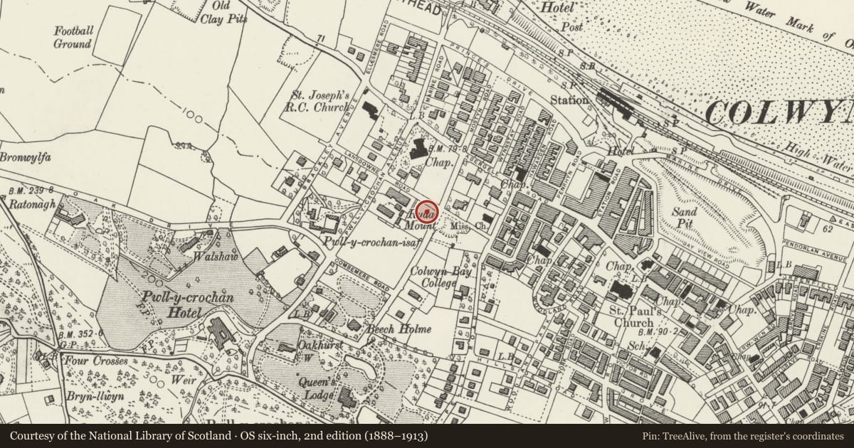 Ordnance Survey six-inch map, 2nd edition (1888–1913) covering the location of Costain Buildings at Rydal School, Colwyn Bay, Conwy, with a pin at the register's coordinates