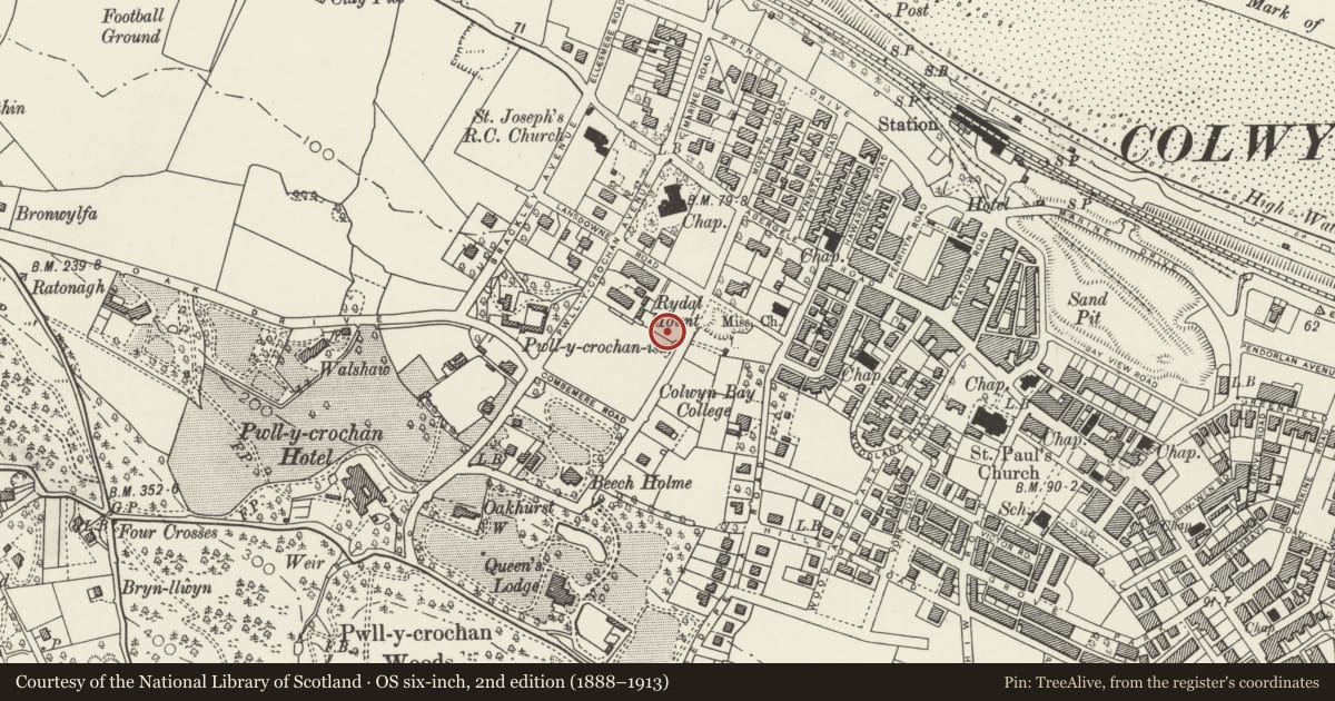 Ordnance Survey six-inch map, 2nd edition (1888–1913) covering the location of Memorial Hall at Rydal School, Colwyn Bay, Conwy, with a pin at the register's coordinates