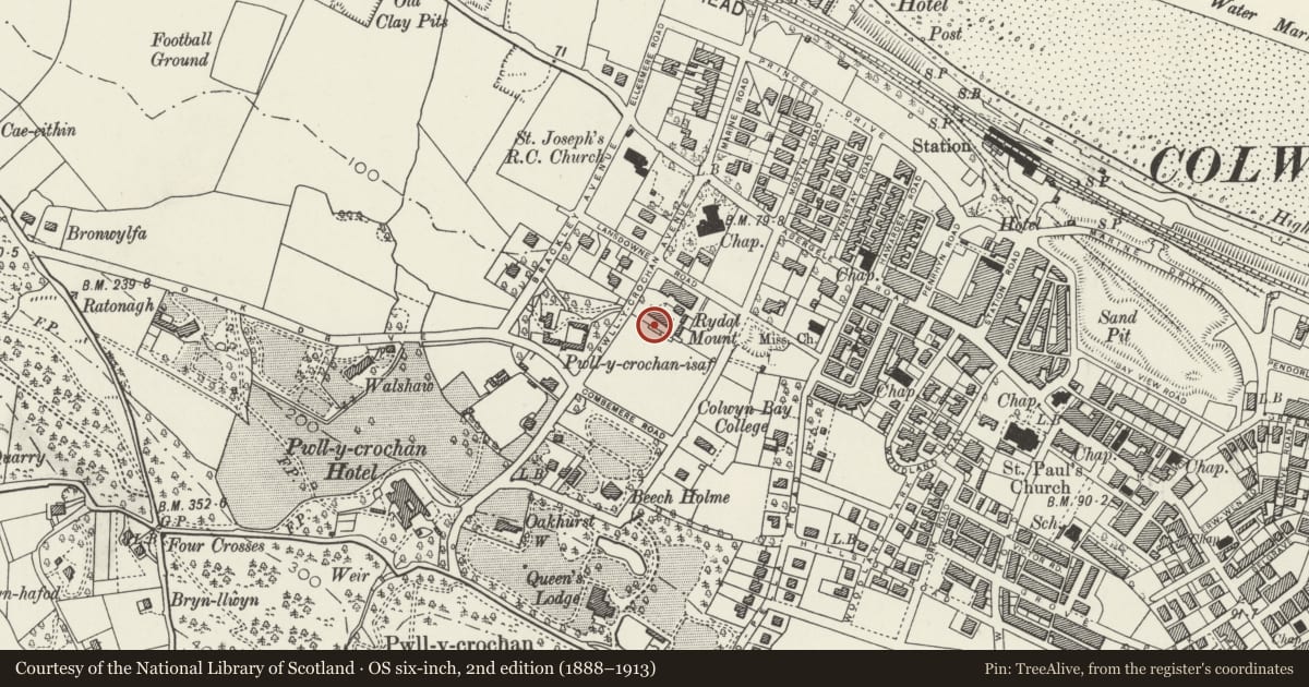 Ordnance Survey six-inch map, 2nd edition (1888–1913) covering the location of Hunt House at Rydal School, Colwyn Bay, Conwy, with a pin at the register's coordinates