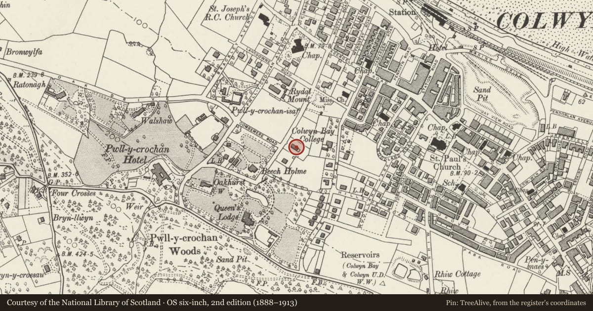 Ordnance Survey six-inch map, 2nd edition (1888–1913) covering the location of Heathfield, Colwyn Bay, Conwy, with a pin at the register's coordinates