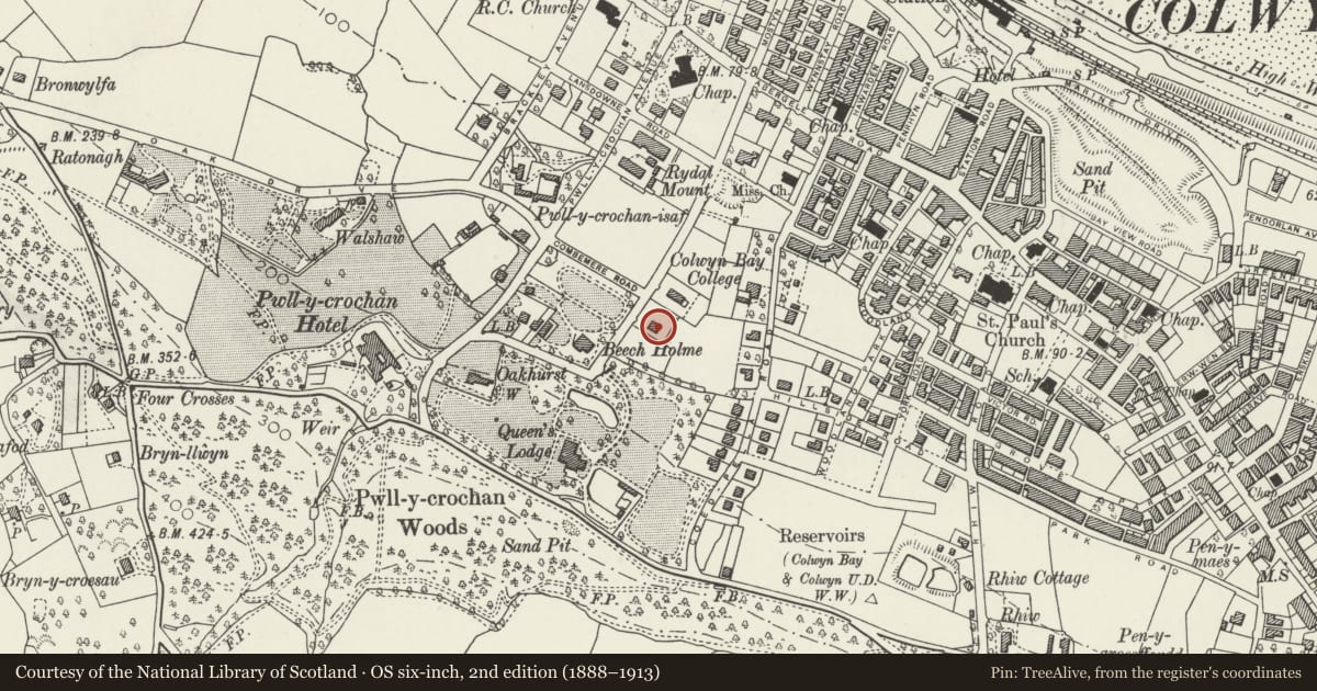 Ordnance Survey six-inch map, 2nd edition (1888–1913) covering the location of Brendon, Colwyn Bay, Conwy, with a pin at the register's coordinates