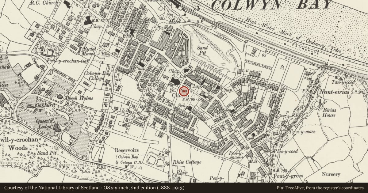 Ordnance Survey six-inch map, 2nd edition (1888–1913) covering the location of Police Station and Magistrates Court, Colwyn Bay, Conwy, with a pin at the register's coordinates