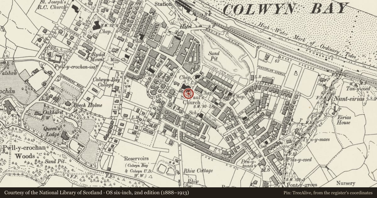 Ordnance Survey six-inch map, 2nd edition (1888–1913) covering the location of Church of St David, Colwyn Bay, Conwy, with a pin at the register's coordinates