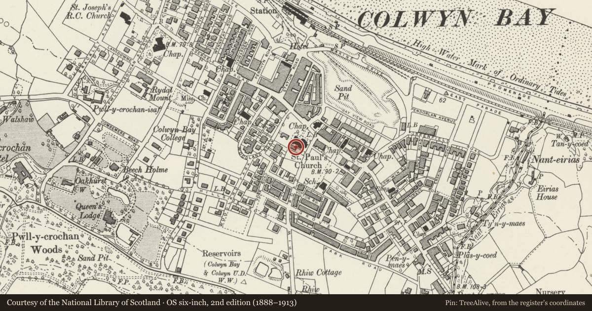 Ordnance Survey six-inch map, 2nd edition (1888–1913) covering the location of Church Hall, Colwyn Bay, Conwy, with a pin at the register's coordinates