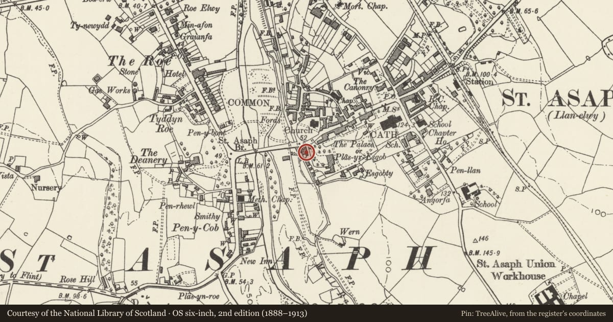 Ordnance Survey six-inch map, 2nd edition (1888–1913) covering the location of Tithe Barn House, St. Asaph, Denbighshire, with a pin at the register's coordinates