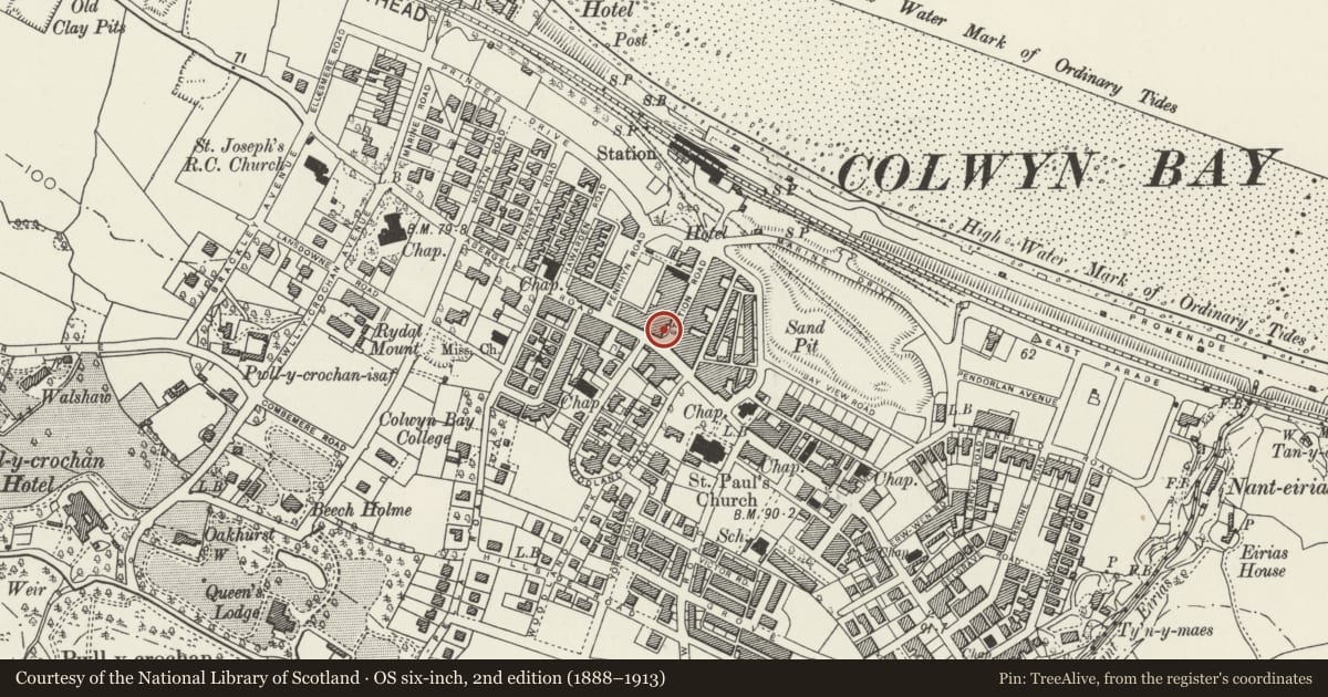 Ordnance Survey six-inch map, 2nd edition (1888–1913) covering the location of The Central Public House, Colwyn Bay, Conwy, with a pin at the register's coordinates