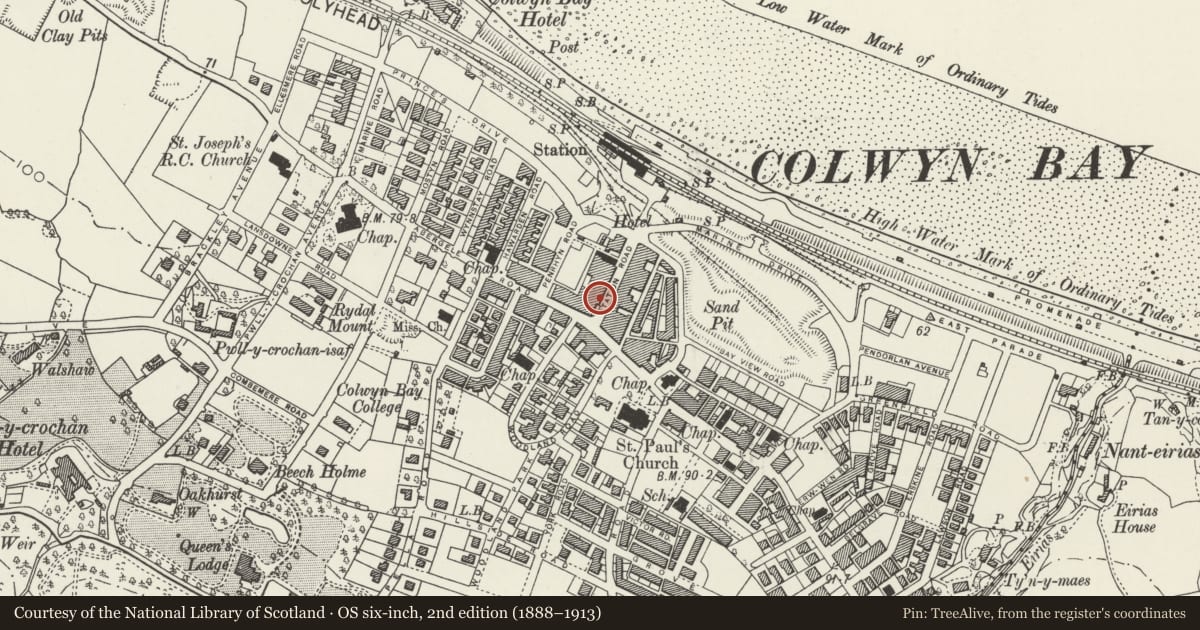 Ordnance Survey six-inch map, 2nd edition (1888–1913) covering the location of Queens Buildings and Liberites Bar (No. 1 of 9 buildings ), Colwyn Bay, Conwy, with a pin at the register's coordinates