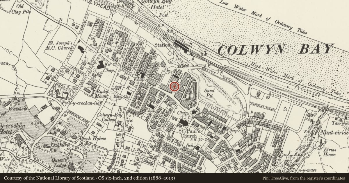 Ordnance Survey six-inch map, 2nd edition (1888–1913) covering the location of Queens Buildings and Liberties Bar (No. 2 of 9 buildings), Colwyn Bay, Conwy, with a pin at the register's coordinates