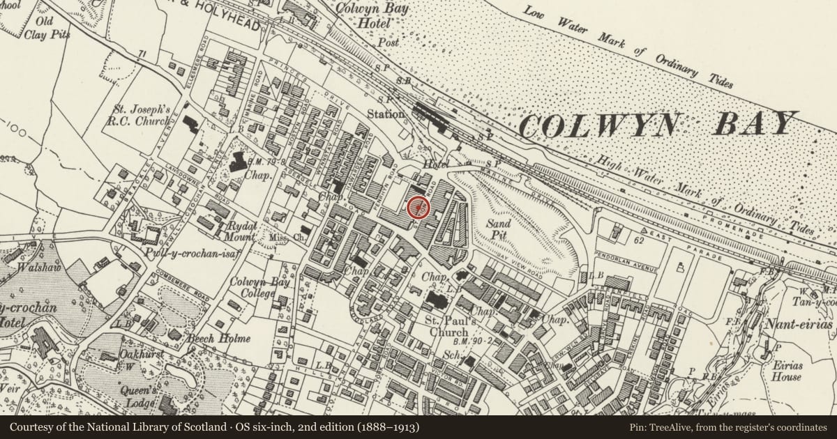 Ordnance Survey six-inch map, 2nd edition (1888–1913) covering the location of Queens Buildings and Liberties Bar (No. 4 of 9 buildings ), Colwyn Bay, Conwy, with a pin at the register's coordinates