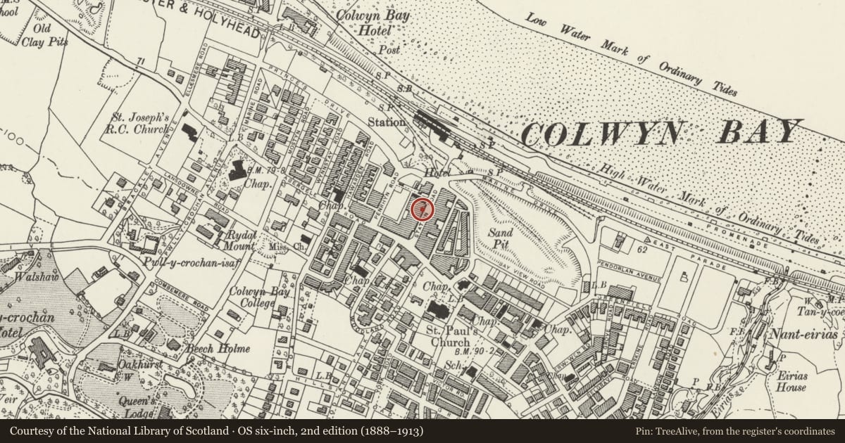 Ordnance Survey six-inch map, 2nd edition (1888–1913) covering the location of Queens Buildings and Liberties Bar (No. 6 of 9 buildings), Colwyn Bay, Conwy, with a pin at the register's coordinates