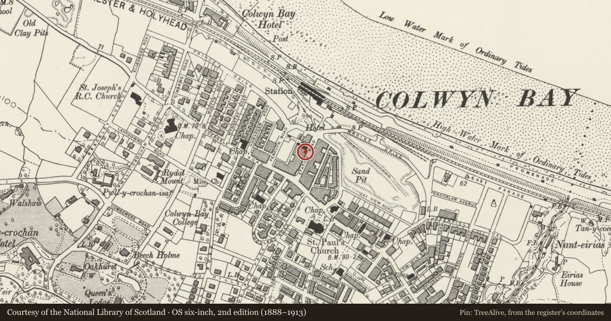 Ordnance Survey six-inch map, 2nd edition (1888–1913) covering the location of Queens Buildings and Liberties Bar (No. 7 of 9 buildings), Colwyn Bay, Conwy, with a pin at the register's coordinates