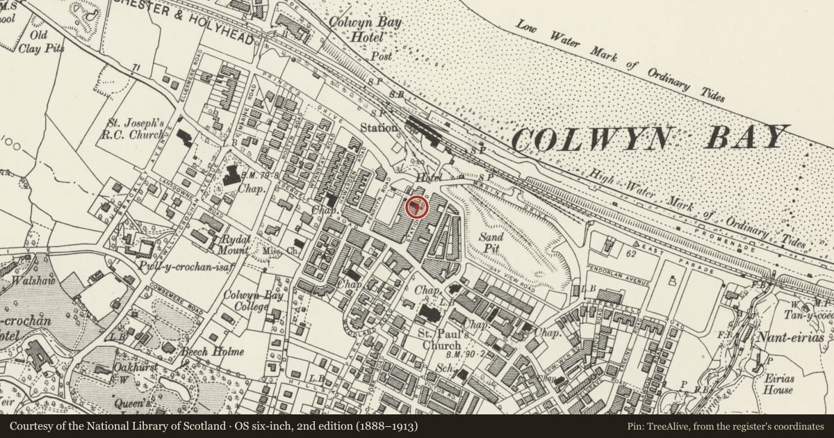 Ordnance Survey six-inch map, 2nd edition (1888–1913) covering the location of Queens Buildings and Liberties Bar (No. 8 of 9 buildings), Colwyn Bay, Conwy, with a pin at the register's coordinates