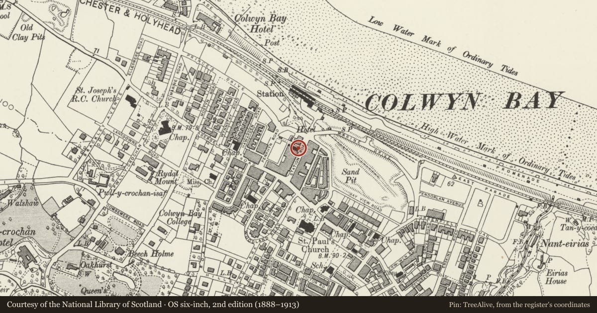 Ordnance Survey six-inch map, 2nd edition (1888–1913) covering the location of Queens Buildings and Liberties Bar (No. 9 of 9 buildings), Colwyn Bay, Conwy, with a pin at the register's coordinates