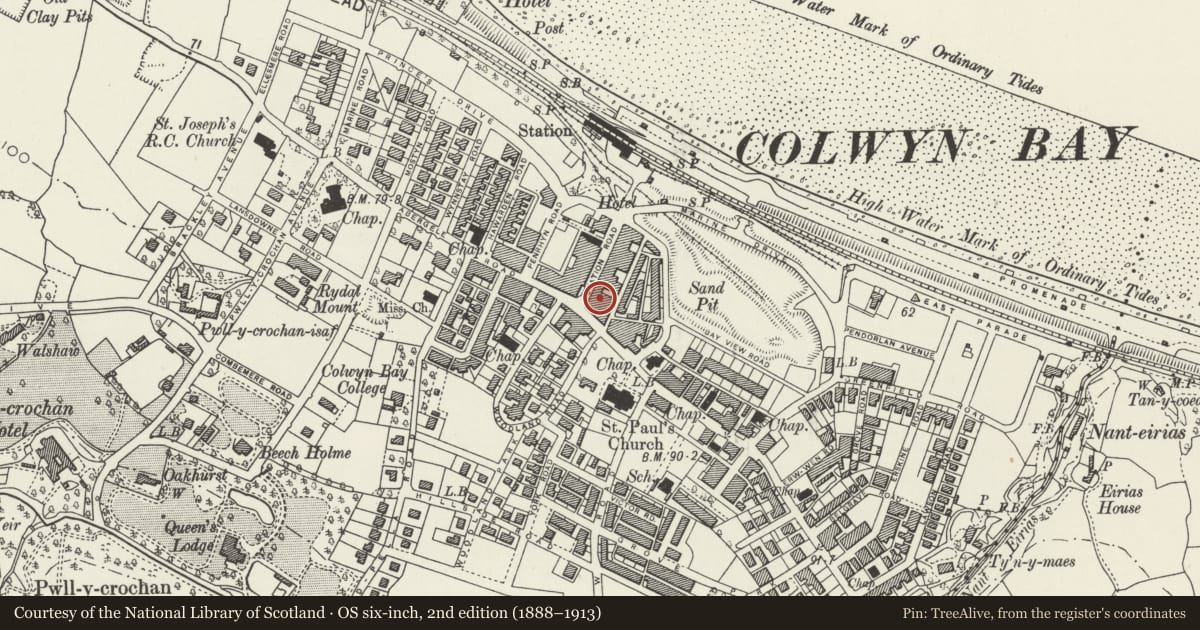 Ordnance Survey six-inch map, 2nd edition (1888–1913) covering the location of Colwyn House, Colwyn Bay, Conwy, with a pin at the register's coordinates
