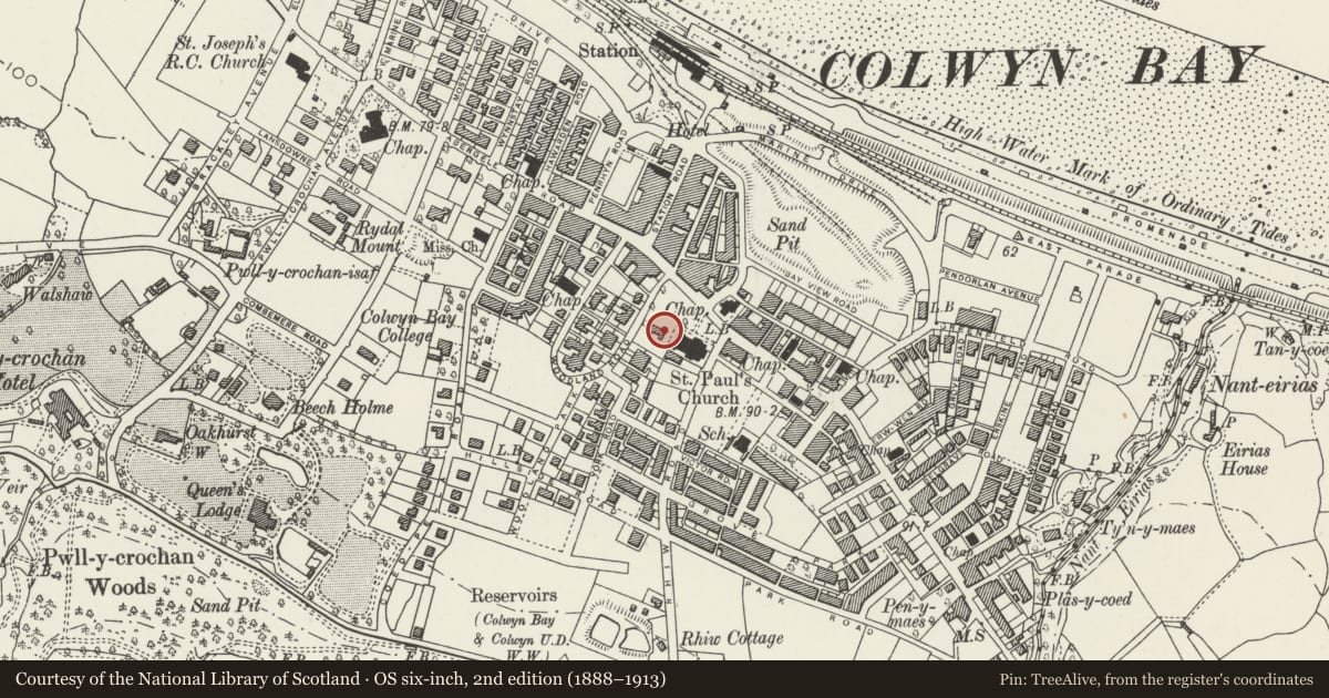 Ordnance Survey six-inch map, 2nd edition (1888–1913) covering the location of St Paul's Vicarage, Colwyn Bay, Conwy, with a pin at the register's coordinates