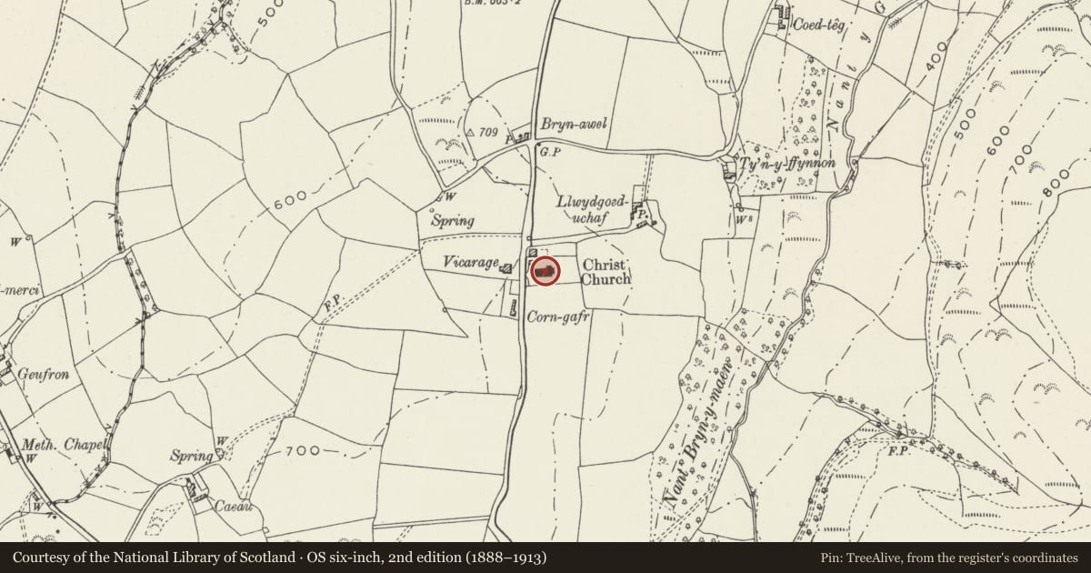 Ordnance Survey six-inch map, 2nd edition (1888–1913) covering the location of Christ Church, Colwyn Bay, Conwy, with a pin at the register's coordinates