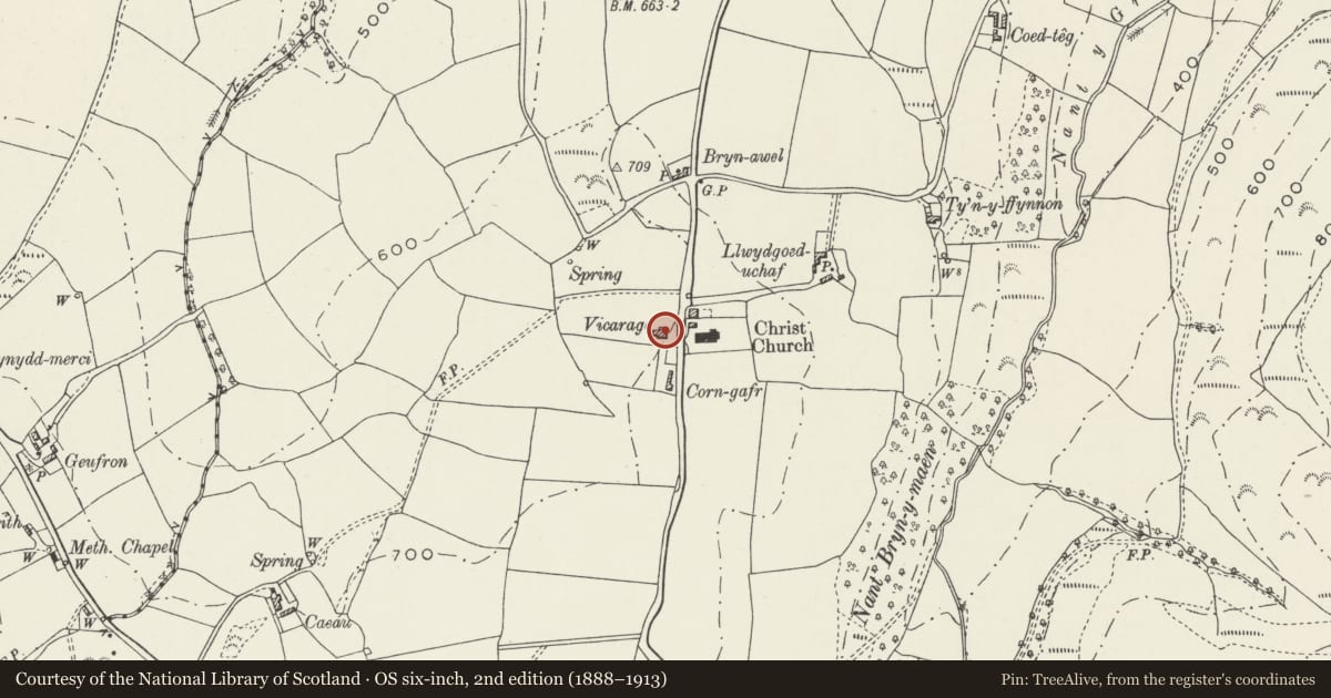 Ordnance Survey six-inch map, 2nd edition (1888–1913) covering the location of Christ Church Vicarage, Colwyn Bay, Conwy, with a pin at the register's coordinates