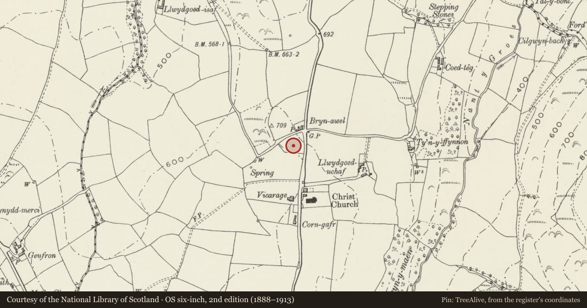 Ordnance Survey six-inch map, 2nd edition (1888–1913) covering the location of Bryn Egwys, Colwyn Bay, Conwy, with a pin at the register's coordinates