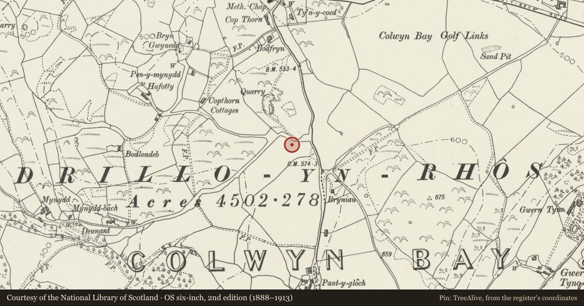Ordnance Survey six-inch map, 2nd edition (1888–1913) covering the location of Highlands, Colwyn Bay, Conwy, with a pin at the register's coordinates