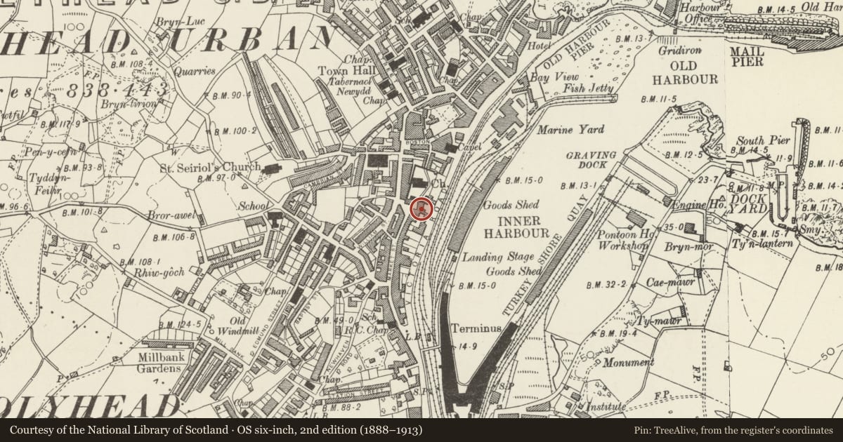 Ordnance Survey six-inch map, 2nd edition (1888–1913) covering the location of Stanley House, Holyhead, Isle of Anglesey, with a pin at the register's coordinates