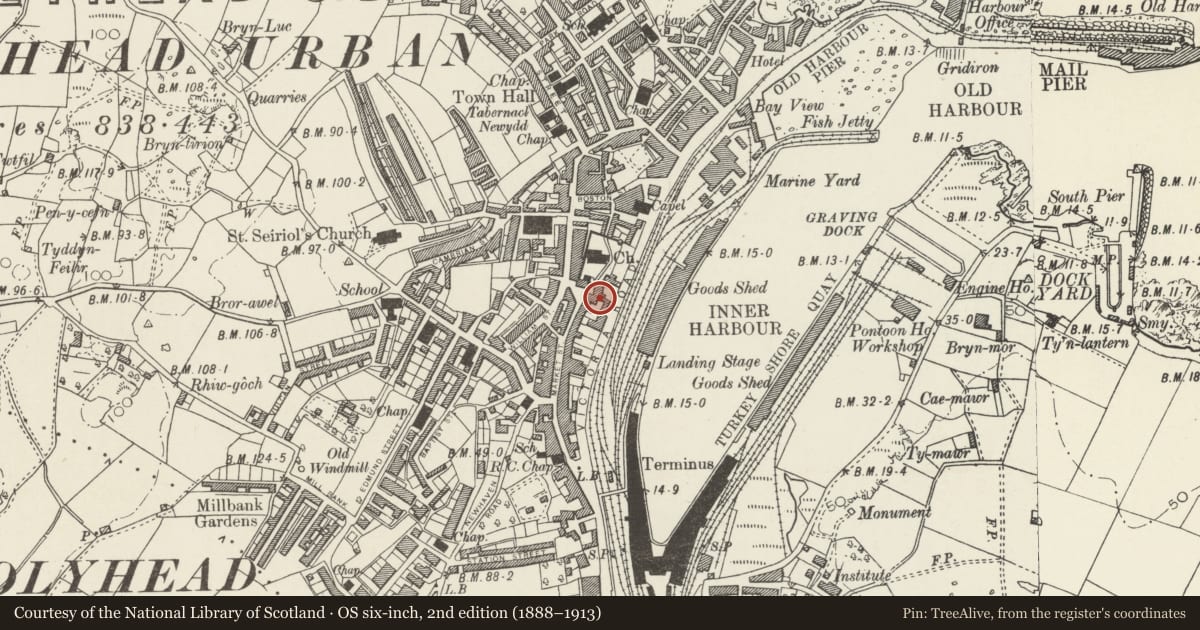 Ordnance Survey six-inch map, 2nd edition (1888–1913) covering the location of The Captains Table, Holyhead, Isle of Anglesey, with a pin at the register's coordinates