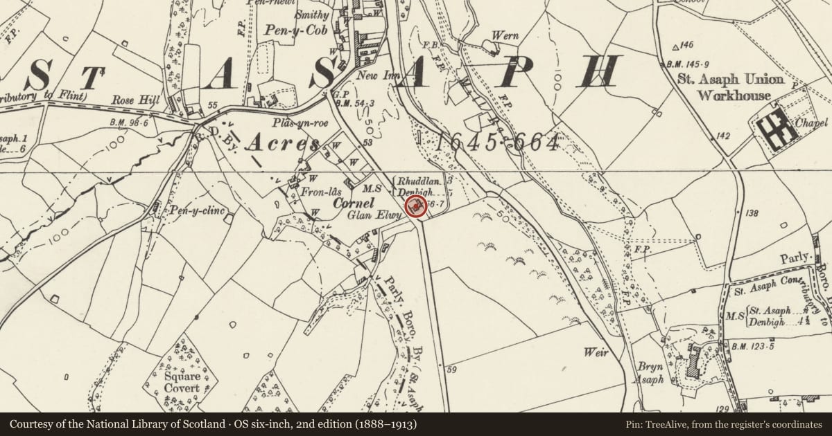 Ordnance Survey six-inch map, 2nd edition (1888–1913) covering the location of Glan Elwy, St. Asaph, Denbighshire, with a pin at the register's coordinates