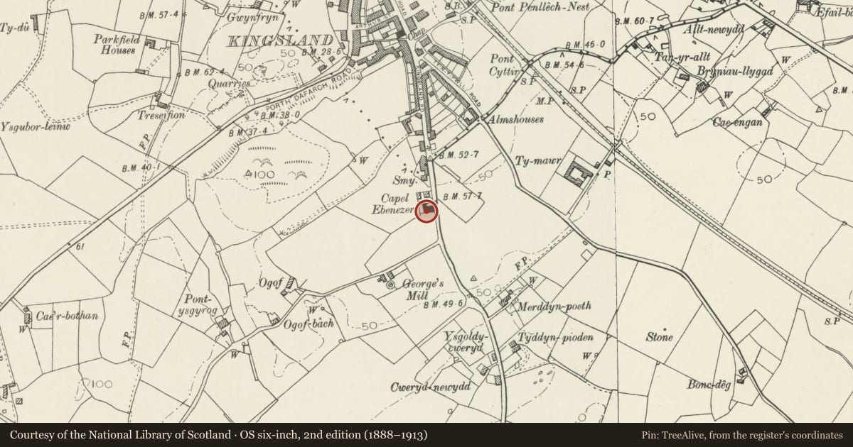 Ordnance Survey six-inch map, 2nd edition (1888–1913) covering the location of Ebenezer Chapel, Holyhead, Isle of Anglesey, with a pin at the register's coordinates